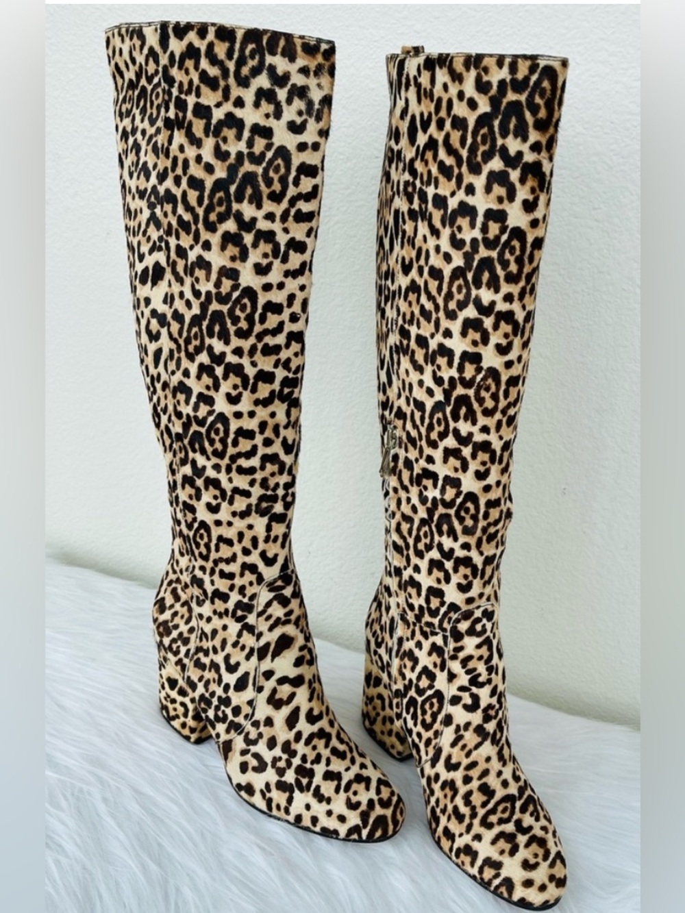 EUC Sam Edelman Thora Knee-High Tall Boot Genuine Fur Cow Hair Leopard Print 7